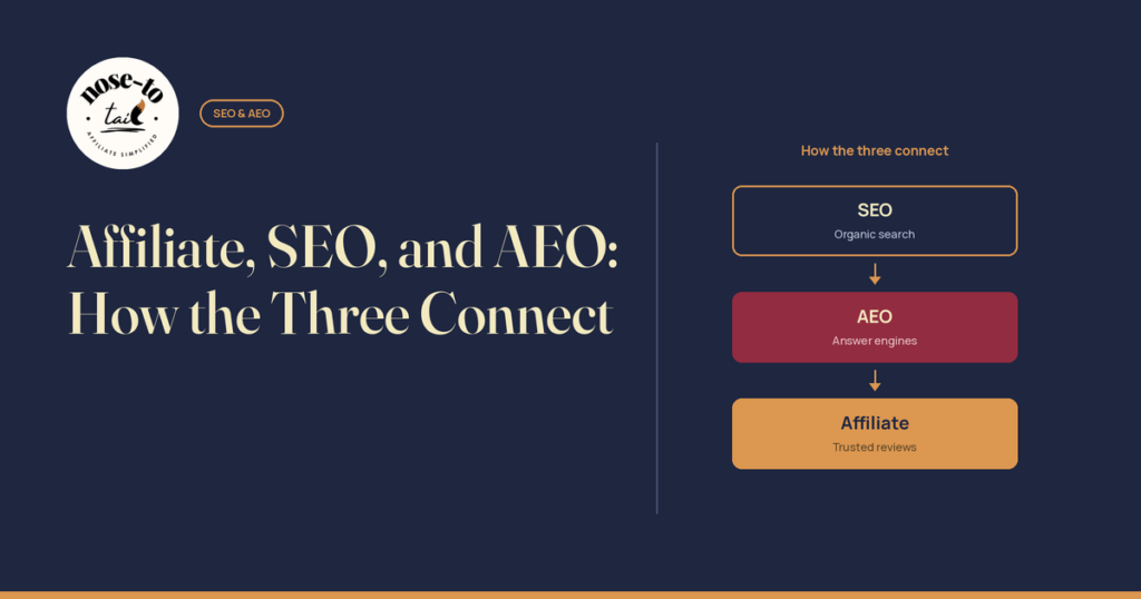 Diagram of how affiliate marketing, SEO, and AEO connect